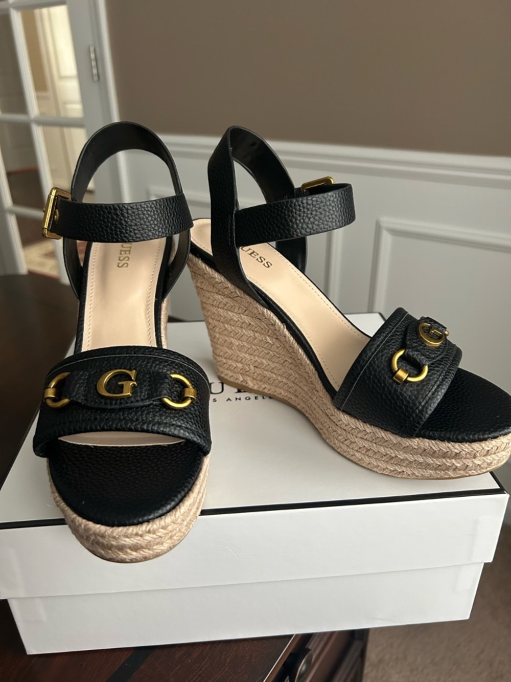 GUESS Hisley Black Espadrille Wedge Sandals with Gold Hardware. New, Size 7.